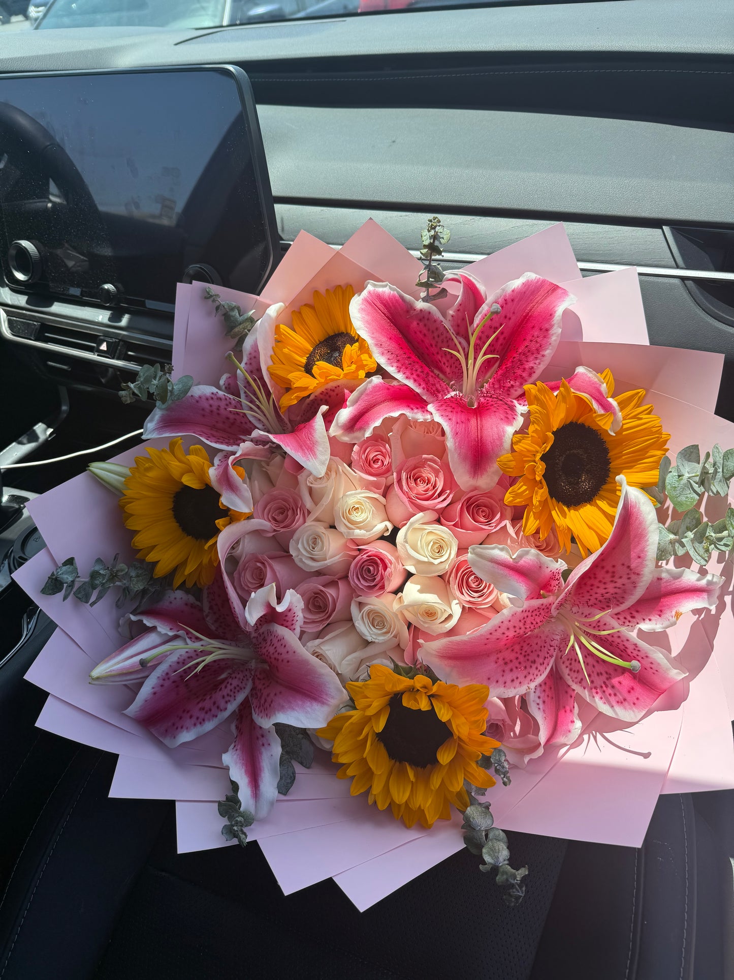 50 Rose Bouquet With Lillies,Sunflowers and eucalyptus